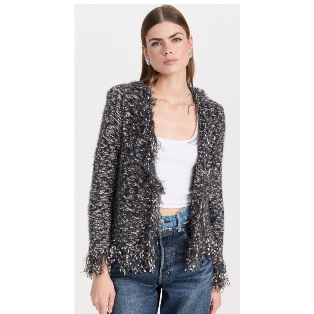 L'Agence Azure Tweed Fringe Cardigan Black White XXS